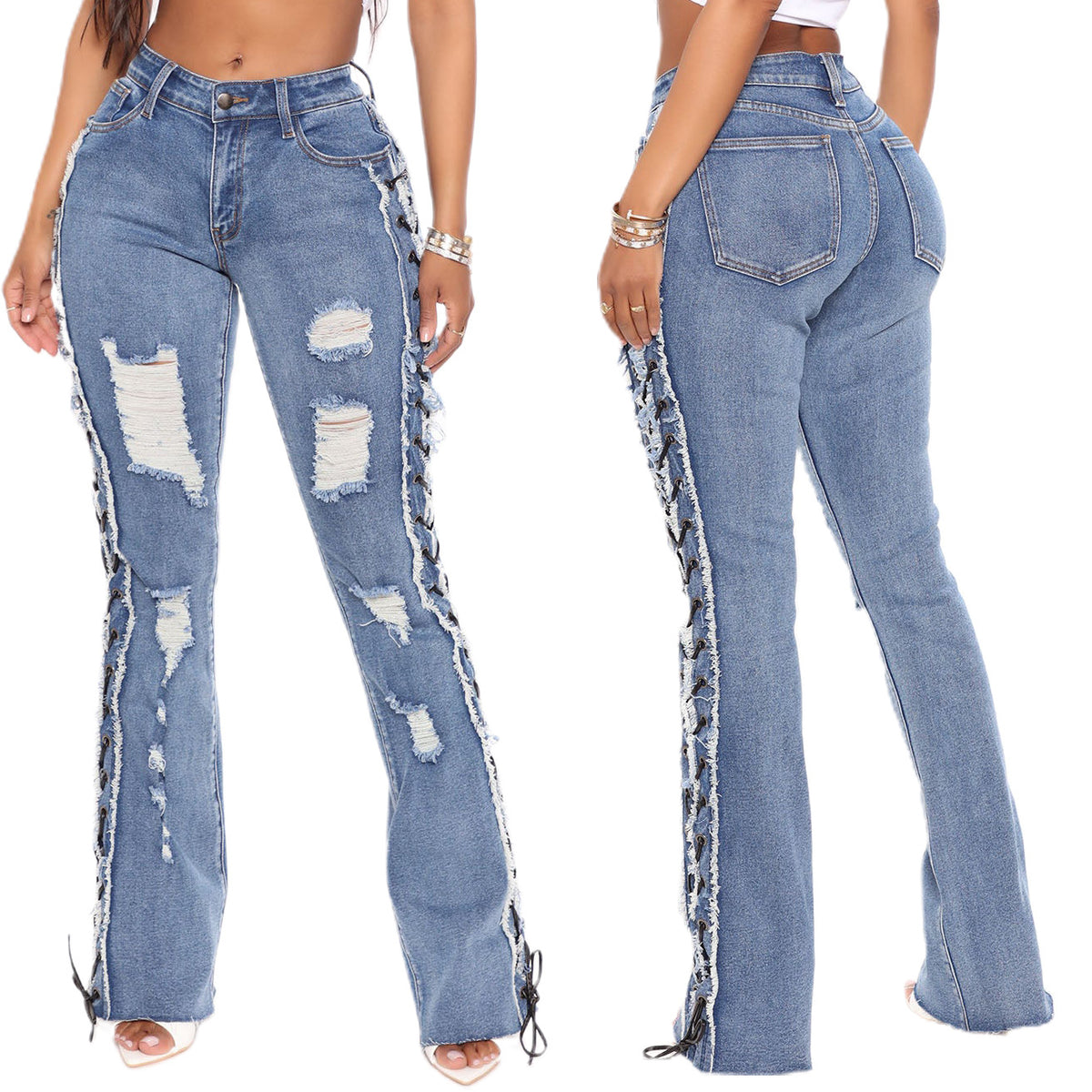 Gescheurde jeans met vetersluiting aan de zijkant