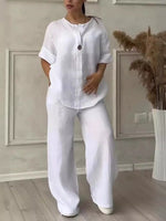 Women's Cotton-Linen Two-Piece Set, Loose Top and Wide Leg Pants
