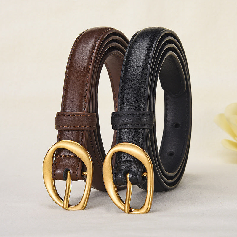 New Women's Top Layer Belt Retro Alloy Pin Buckle Leather Belt Niche Design for Jeans Belt