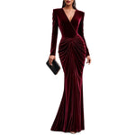 Velvet Wrap Fishtail Evening Gown, Long Sleeve