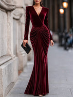 Velvet Wrap Fishtail Evening Gown, Long Sleeve
