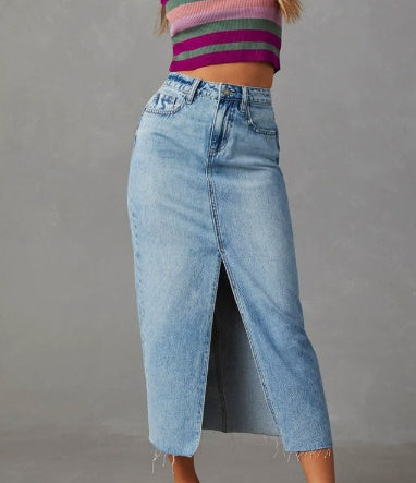 Gonna in denim a trapezio con spacco da donna