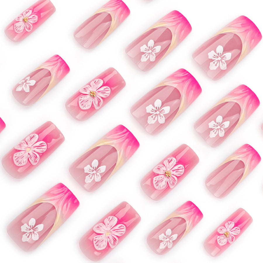 Roze bloemen press-on nagels, kort vierkant
