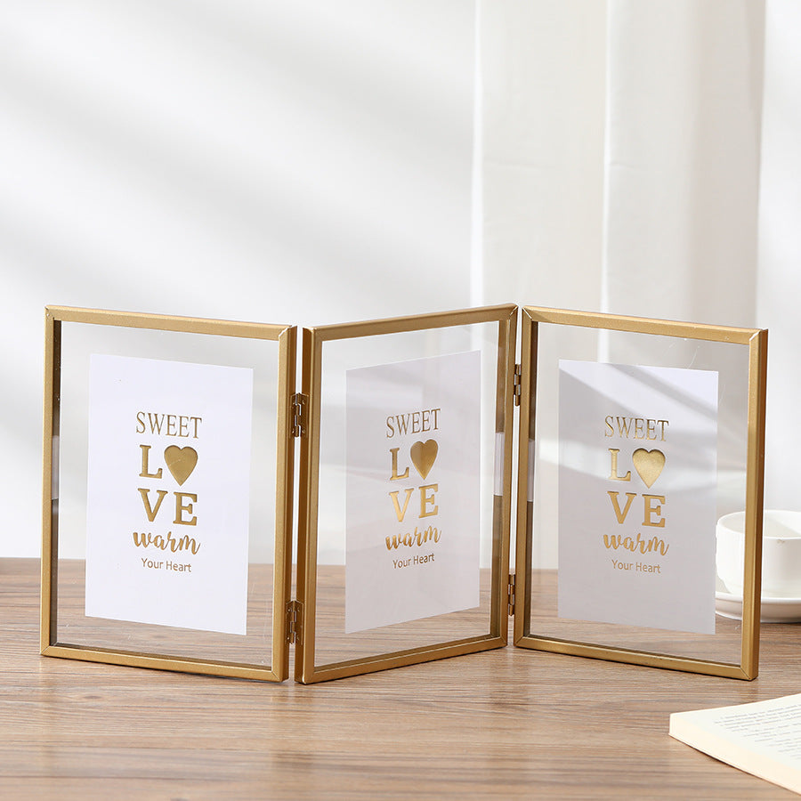 Foldable Triple Photo Frame, Gold and Black