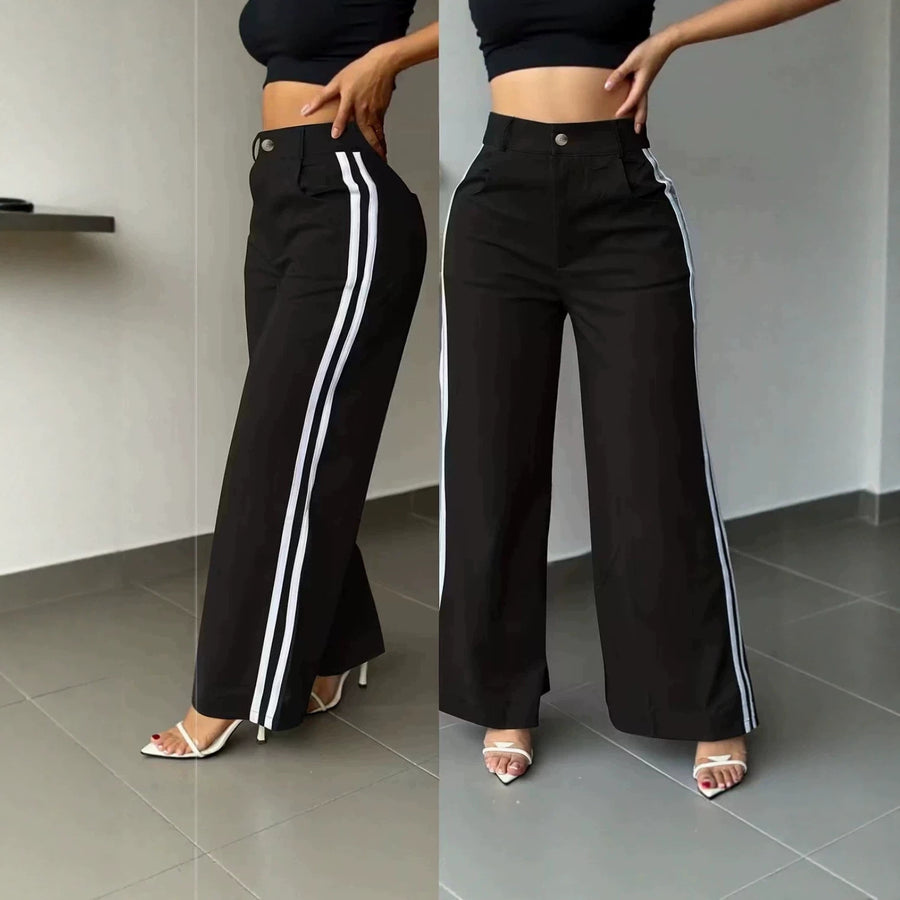 Pantaloni casual a gamba dritta con riga laterale e linea ampia