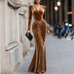 Velvet Wrap Fishtail Evening Gown, Long Sleeve