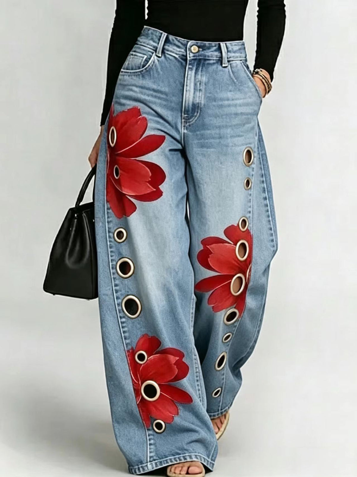 Damesjeans met print en wijde pasvorm