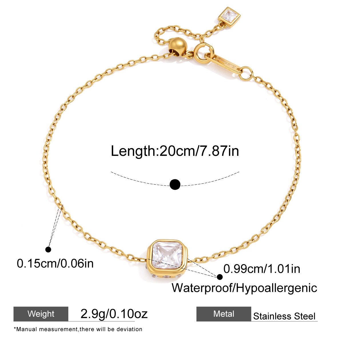 Bracelet réglable en zircon, acier inoxydable