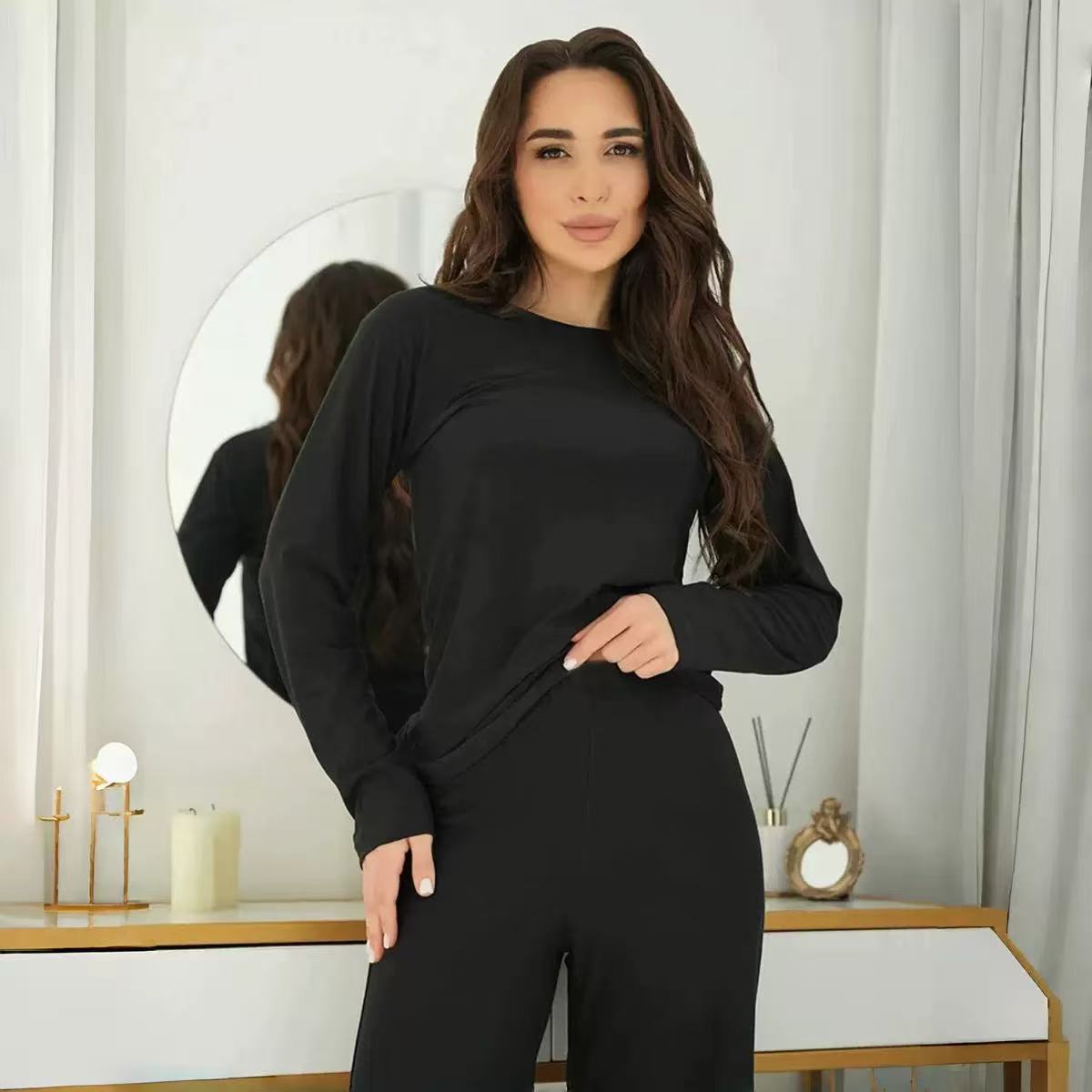 Ensemble haut et pantalon décontracté coupe ajustée de couleur unie