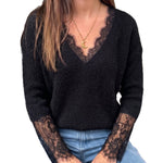 Haut en tricot à col en V avec empiècement en dentelle française pour femme