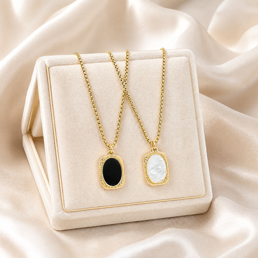 18K Gold Plated Stainless Steel Rectangle Tag Pendant Necklace for Women, Vintage Black On
