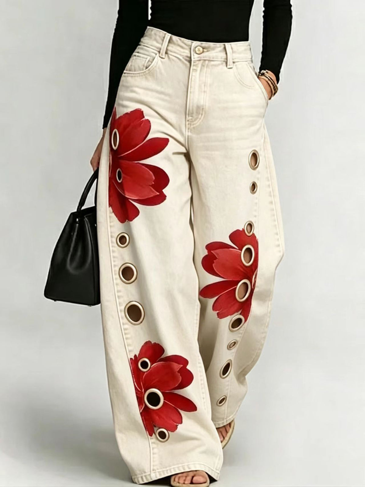 Damesjeans met print en wijde pasvorm