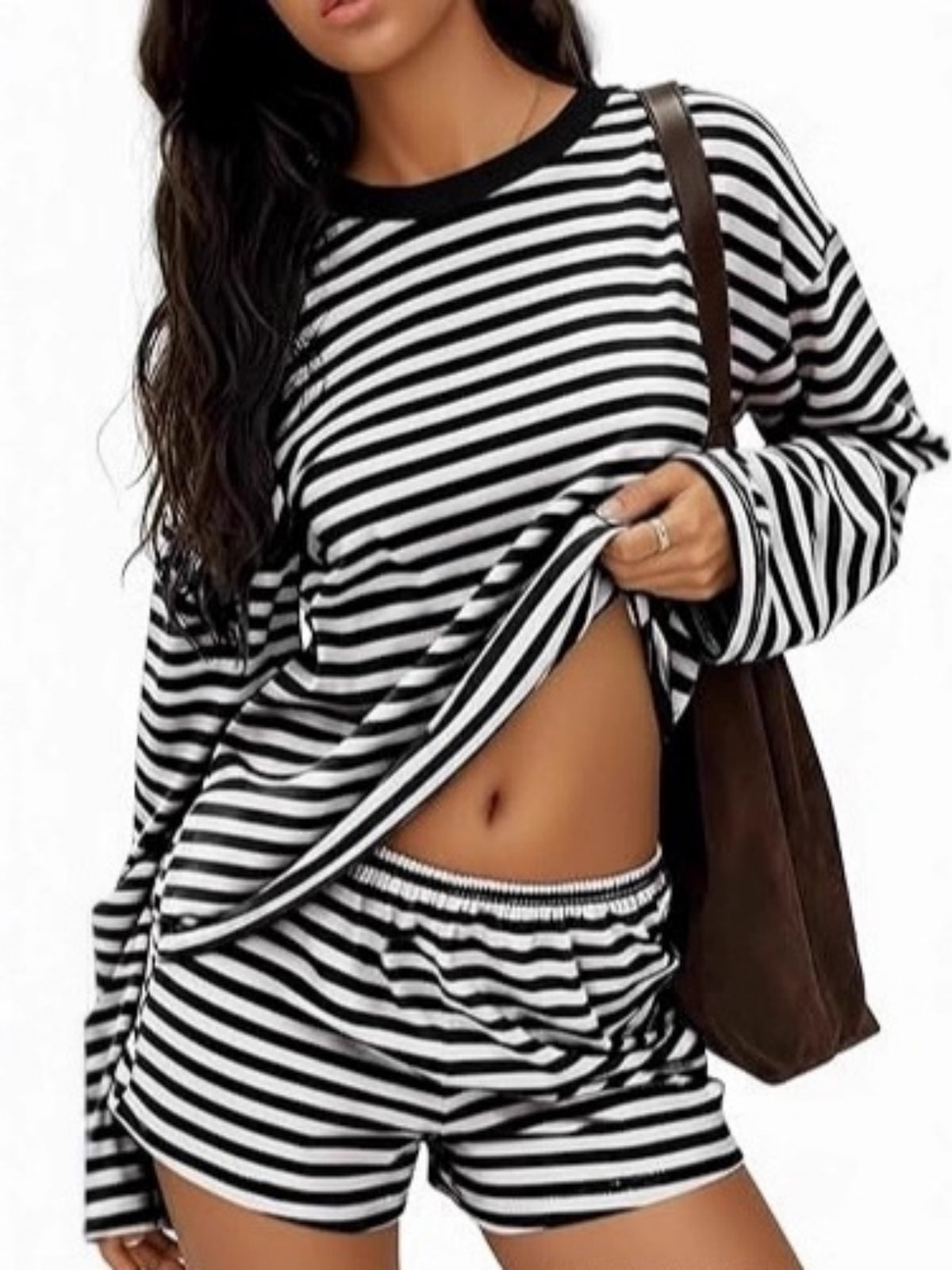 Ensemble de pyjama rayé à manches longues, tenue d'intérieur 2 pièces