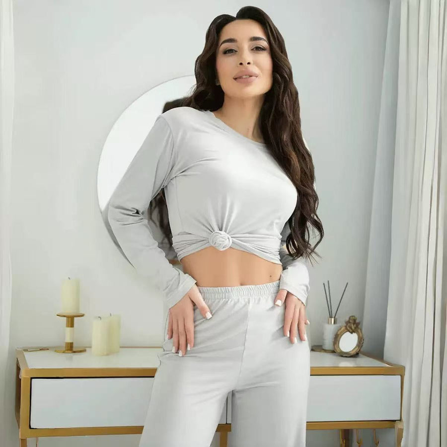 Solid-color Casual Slim-fit Top And Pants Set