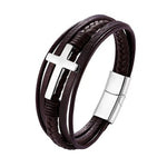 Leather Cross Bracelet for Men, Magnetic Clasp