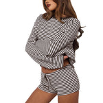Damen-Set aus gestreiftem Langarmshirt und Shorts