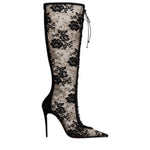 Botas de salto agulha em renda acima do joelho para mulher