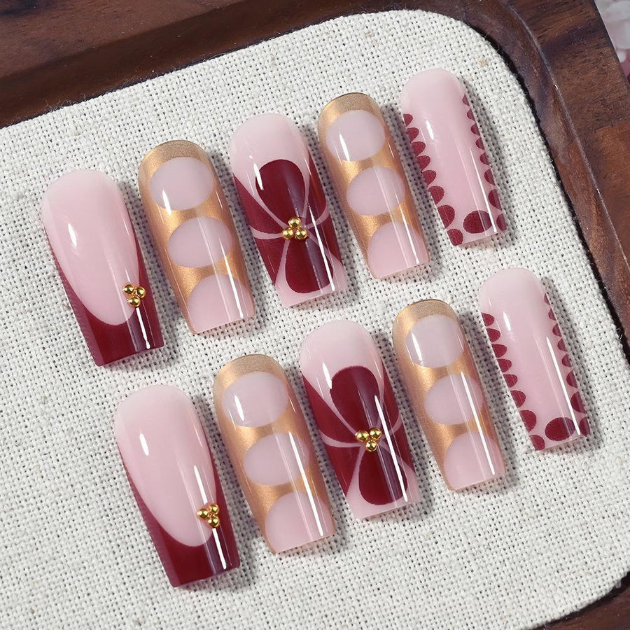 Gouden nagels met bloemenmotief, vierkant, set van 24 stuks