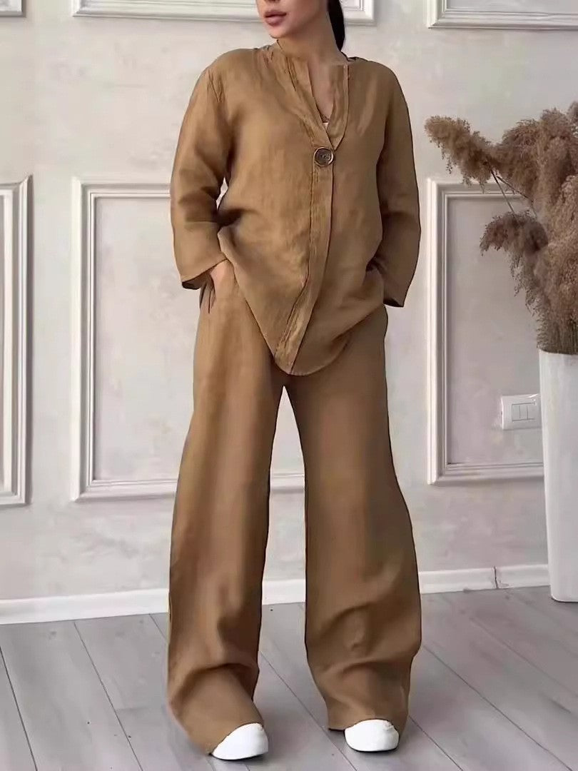 Women's Cotton-Linen Two-Piece Set, Loose Top and Wide Leg Pants
