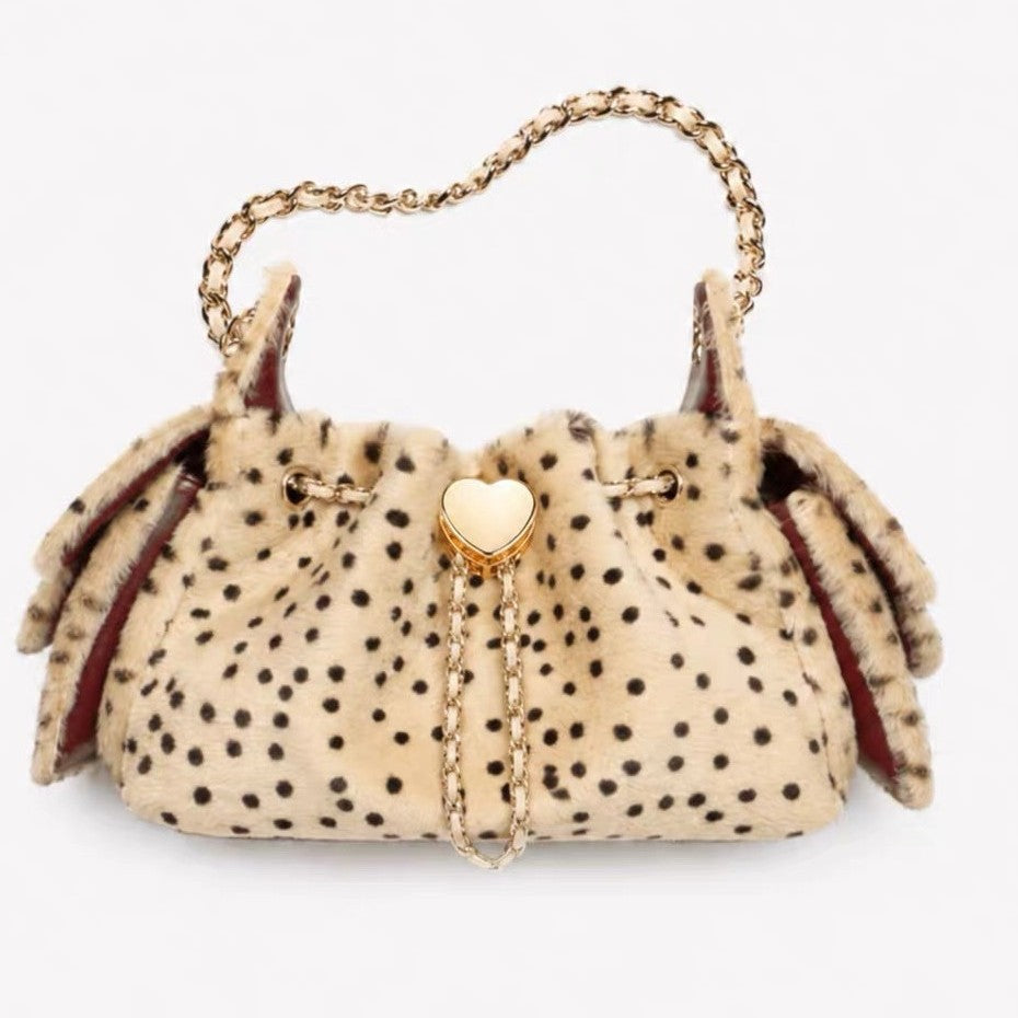 Sac seau en peluche à pois avec cordon de serrage et bandoulière à chaîne