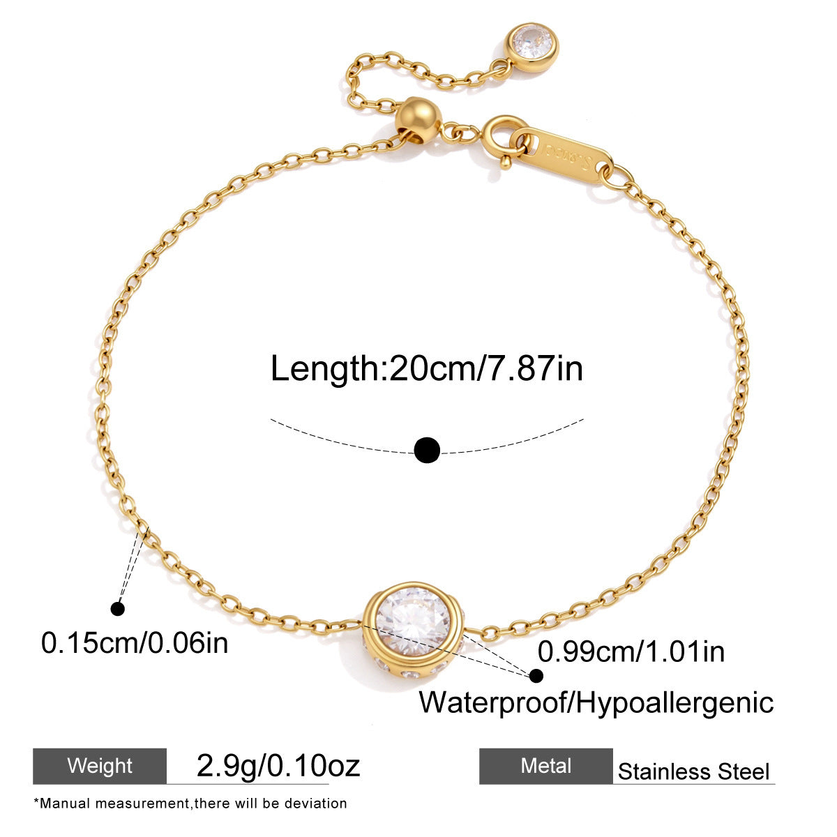 Bracelet réglable en zircon, acier inoxydable