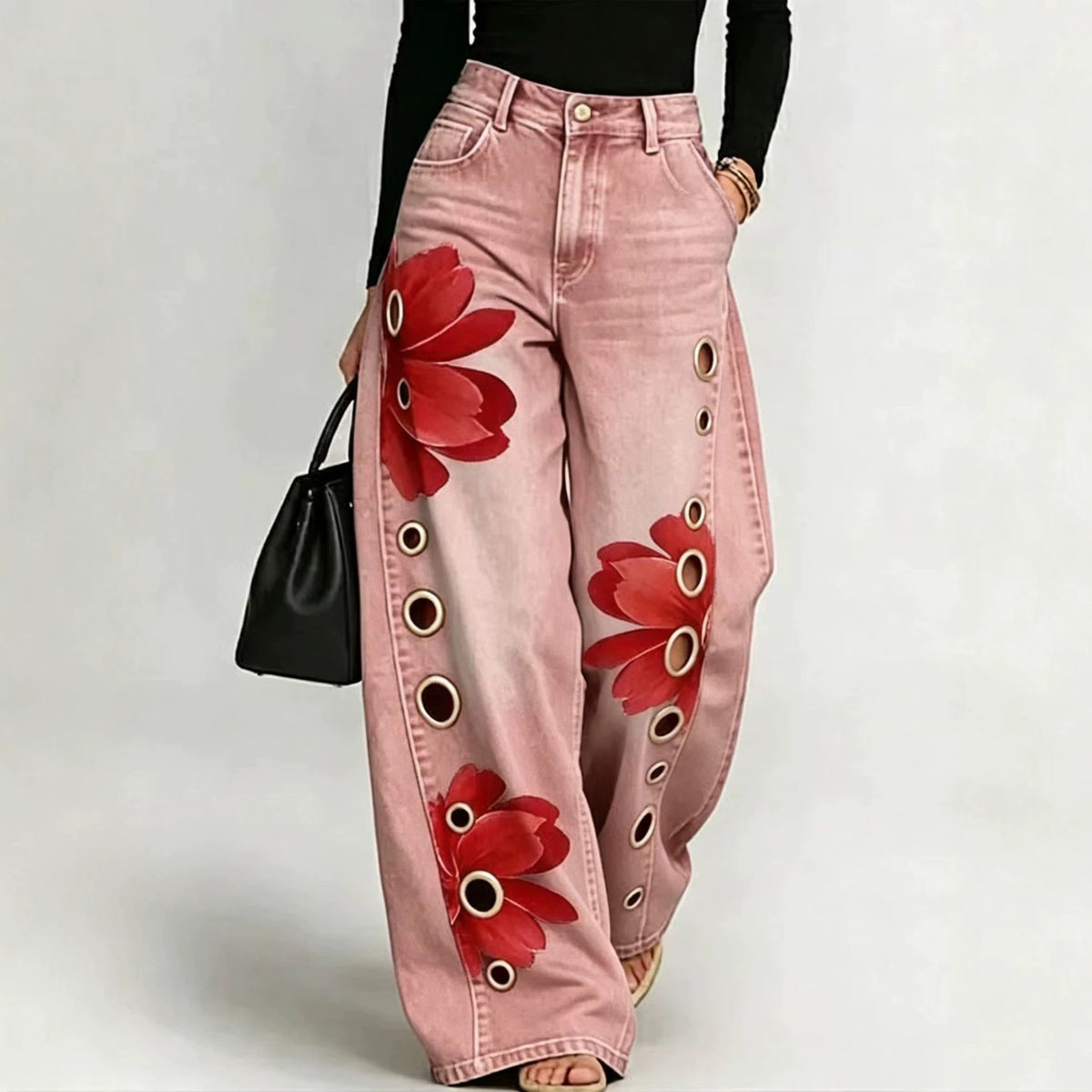 Damesjeans met print en wijde pasvorm