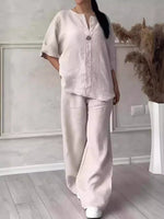 Women's Cotton-Linen Two-Piece Set, Loose Top and Wide Leg Pants