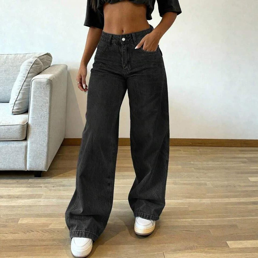 Jeans a vita alta a gamba larga lavaggio vintage