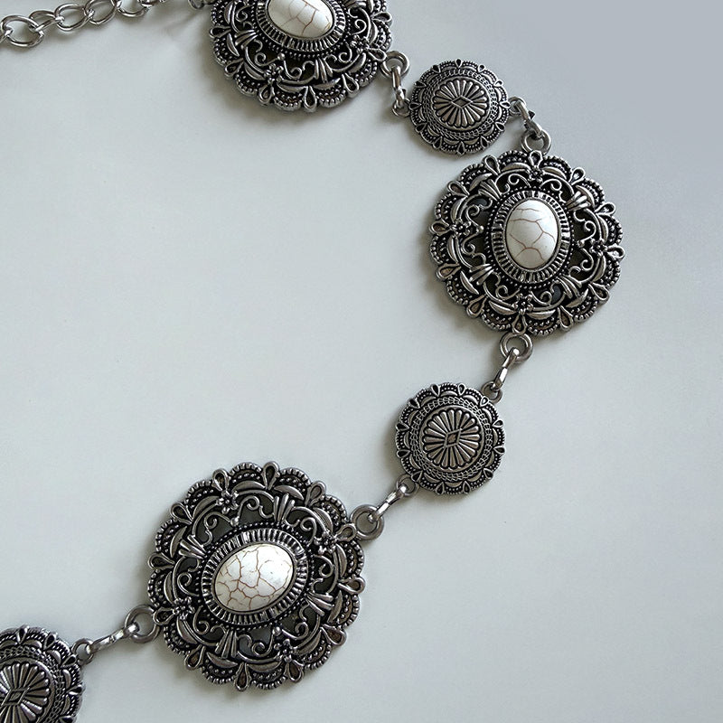 Vintage Western-style Engraved Metal Waist Chain with White Turquoise Decoration, Dress Ac