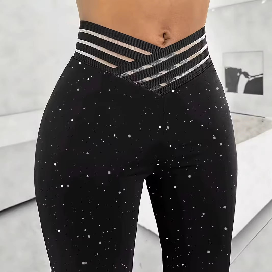 Pantaloni sportivi casual a vita alta alla moda, con paillettes, spacco, versatili e a zampa slim