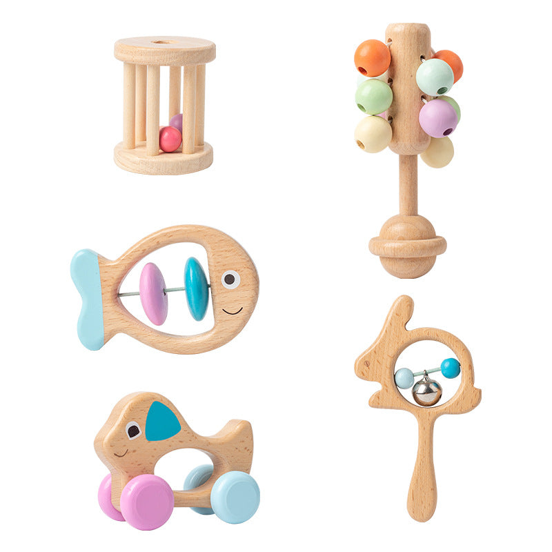 Ensemble de hochets pour bébé en bois de hêtre, 5 pièces