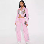 Conjunto de blusa estampada de manga larga y pantalón para mujer
