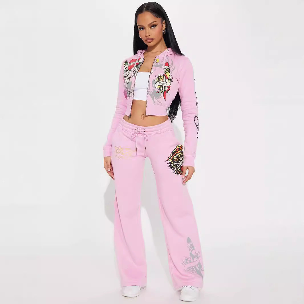 Conjunto de blusa estampada de manga larga y pantalón para mujer