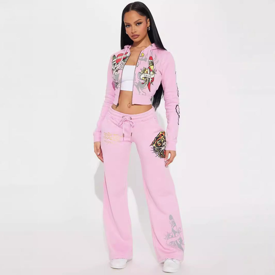 Women's Printed Long-Sleeve Top and Trousers Set