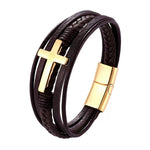 Leather Cross Bracelet for Men, Magnetic Clasp