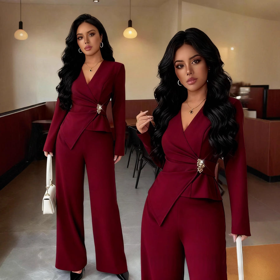 V-Neck Top and Wide-Leg Pants Set