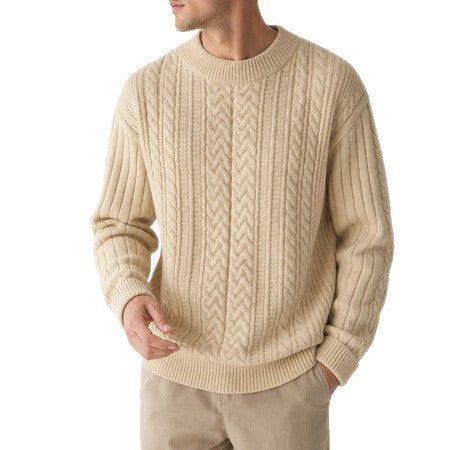 Herren-Vintage-Pullover mit Zopfmuster und Rundhalsausschnitt