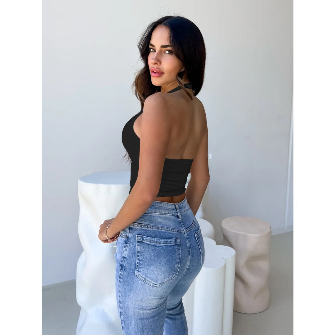 Top corto con scollo a V e schiena scoperta
