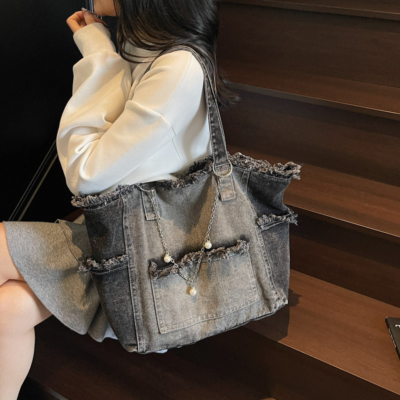 Vielseitige, minimalistische Ombré-Jeans-Umhängetasche mit großem Fassungsvermögen