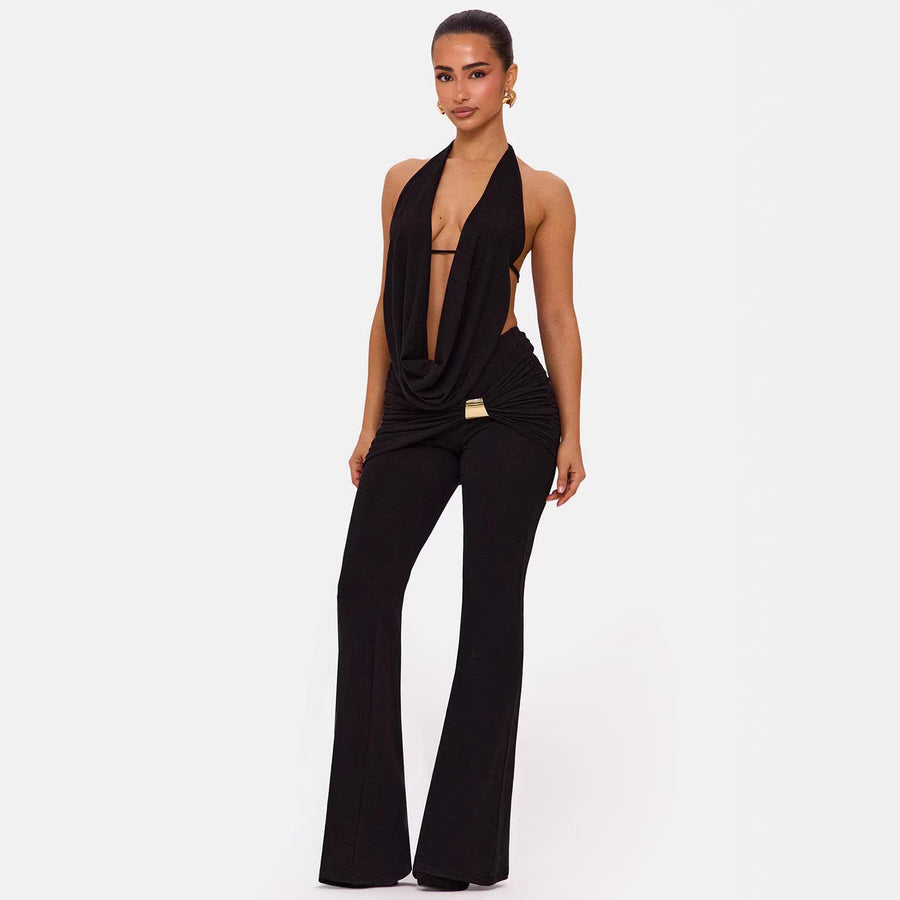 Women's Halter V-Neck Two-Piece Set, Top and Pants