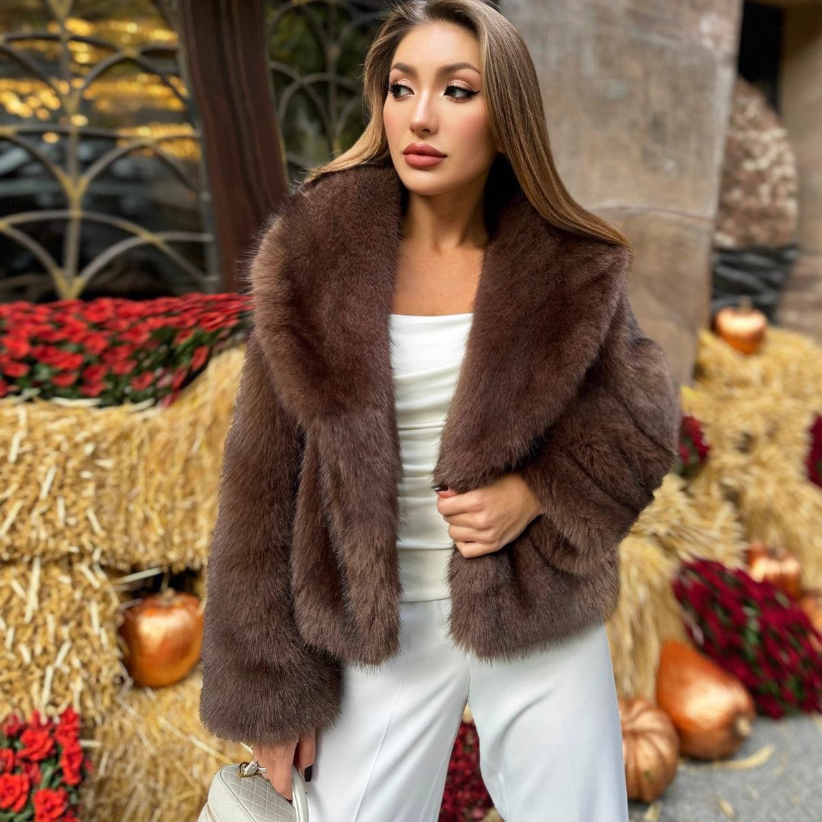 Pluche imitatiebont winterjas voor dames