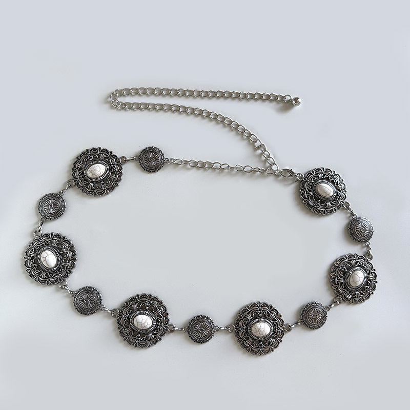 Vintage Western-style Engraved Metal Waist Chain with White Turquoise Decoration, Dress Ac