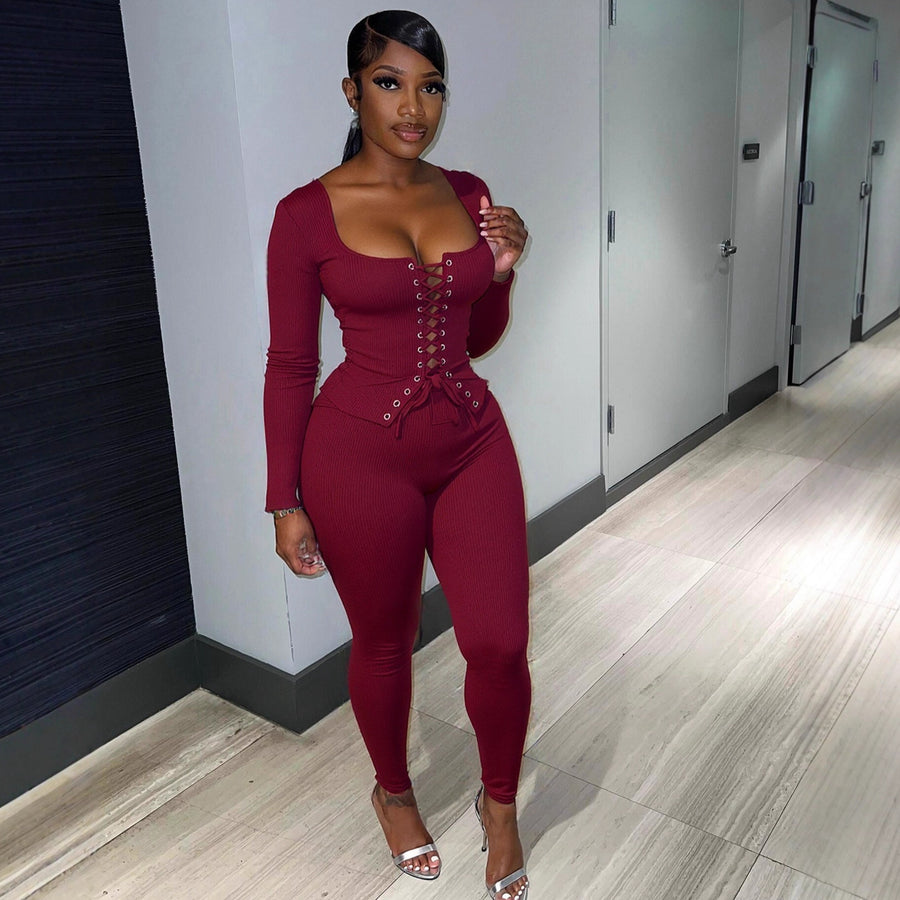 Women's Lace-Up Ribbed Top and Pants Set